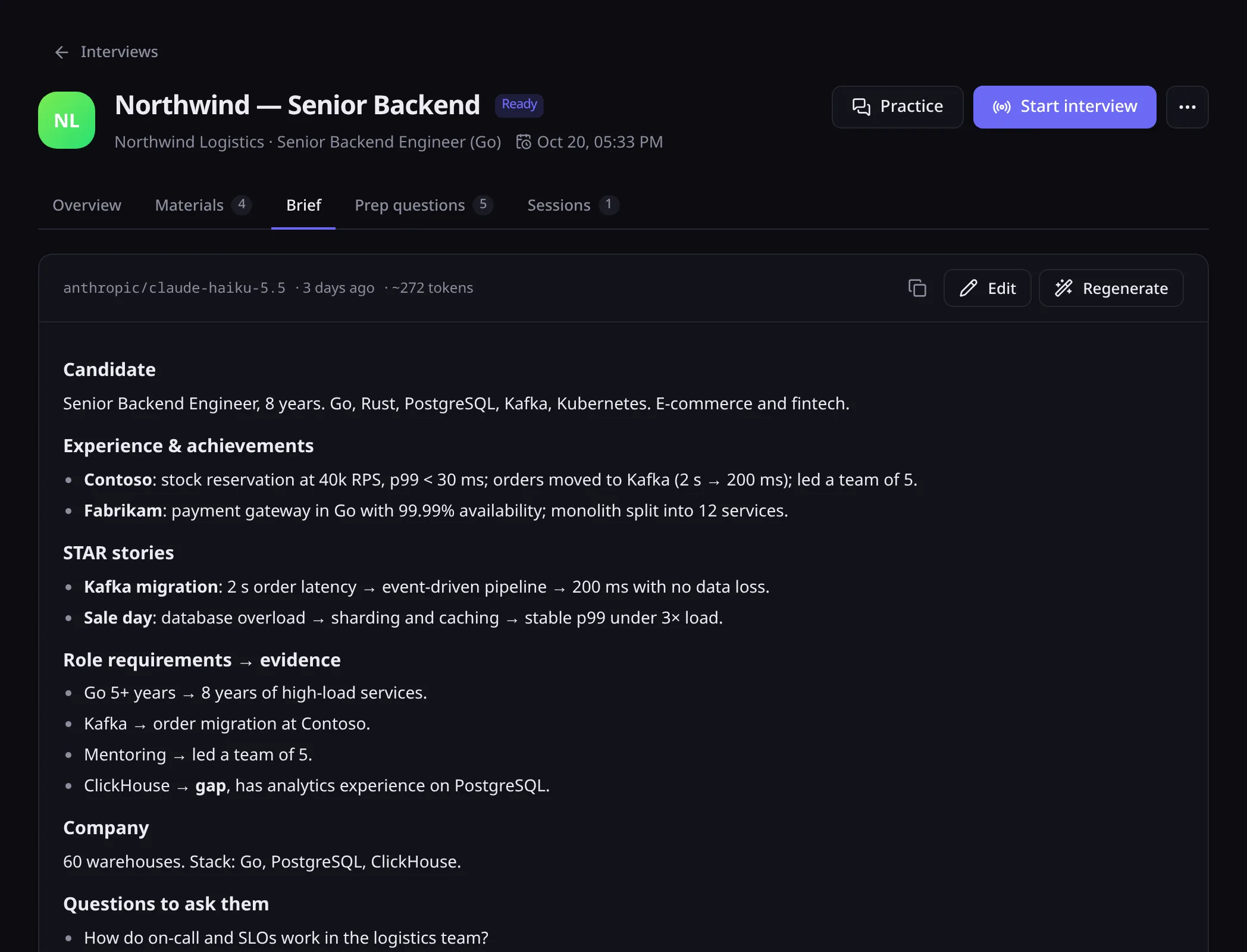 The Brief tab: candidate, experience, STAR stories, role requirements and questions to ask