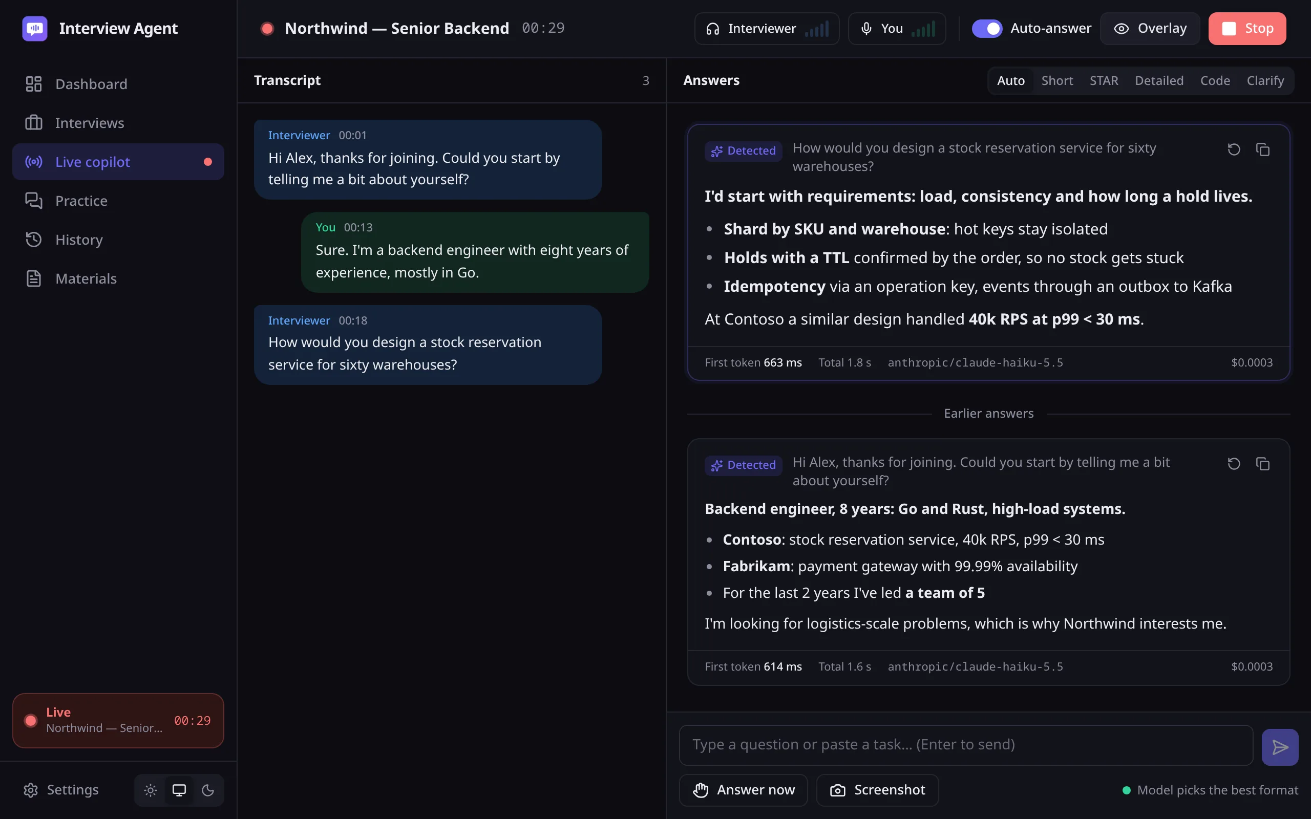 The main window during a call: the transcript on the left, hints for the last two questions on the right